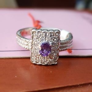 fake amethyst rectangular textured silver ring
